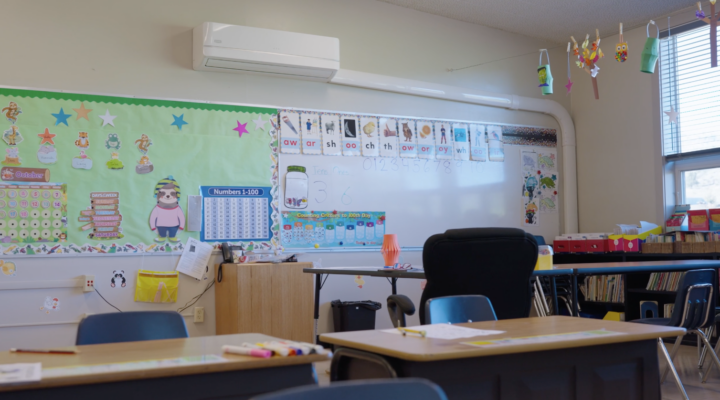 An empty school classroom with desks