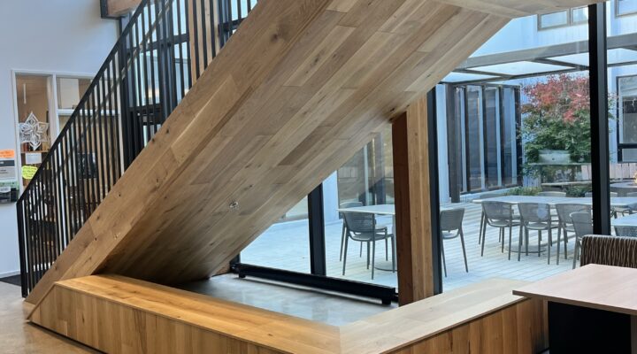 Interior of a modern office building with stairs